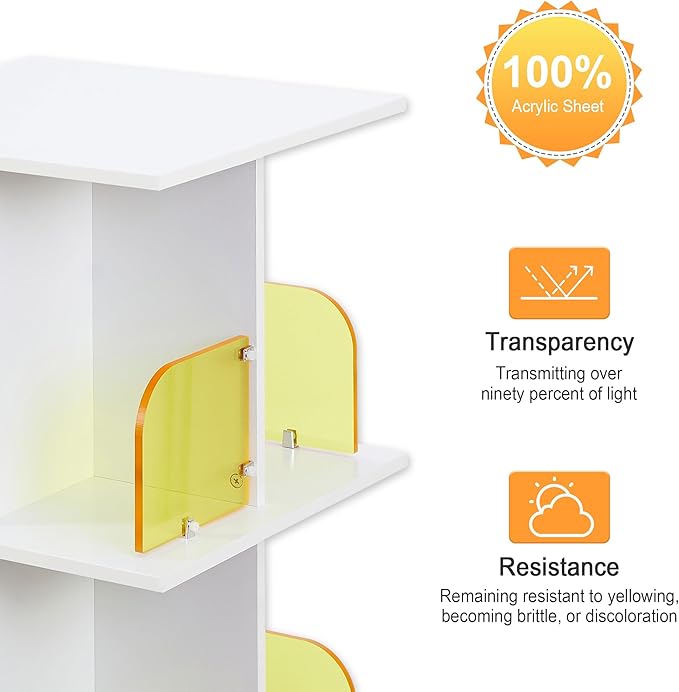 VECELO 4 Tier Rotating Bookshelf, 360Â°Corner Display Shelf with Wheels, Book Storage with Acrylic Windows, Wood Narrow Book Shelf Organizer for Small Space, Bedroom, White