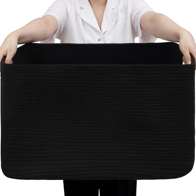 95L Large Blanket Basket, Woven Storage Baskets with Reinforced Handles, Rope Laundry Basket for Living Room, Bedroom, Nursery, Toys, Clothes,Pillows, 24â x 17â x 13.5â, Black