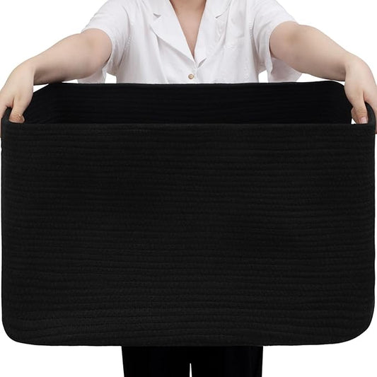 95L Large Blanket Basket, Woven Storage Baskets with Reinforced Handles, Rope Laundry Basket for Living Room, Bedroom, Nursery, Toys, Clothes,Pillows, 24â x 17â x 13.5â, Black