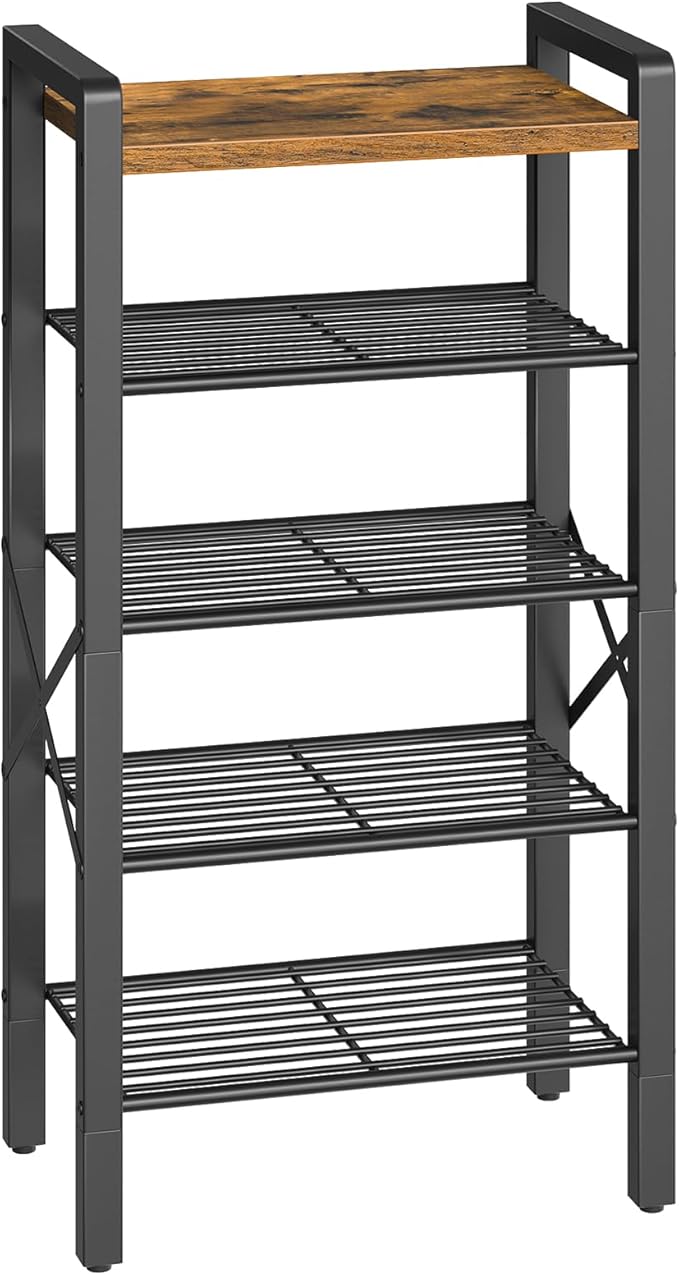 5-Tier Narrow Shoe Rack, Tall Shoe Rack for 5-10 Pairs, Slim Shoe Storage Organizer with Wooden Top, Space Saving, Metal Frame, for Entryway, Rustic Brown and Black SS65BR