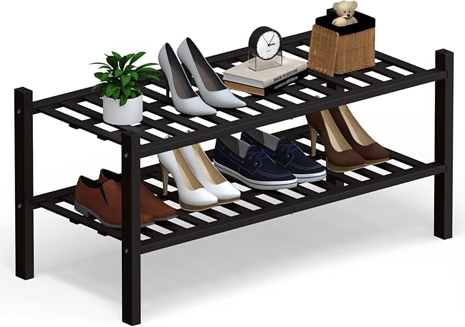 Haddockway 2 Tier Bamboo Shoe Rack Storage Organizer, Multifunctional Free Standing Stackable Shoe Shelf with Grid Panel for Closet,Hallway,Entryway,Small Space 27"x11"x13"