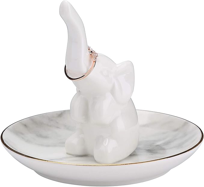 HOME SMILE White Elephant Ring Holder with Marble Pattern Dish,Elephant Gifts for Women Chritsmas
