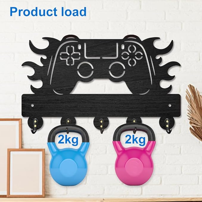 MAYJOYDIY Gamepad Wood Key Holder for Wall Flame Game Controller Key Hooks 11.8×7.1inch Key Hanger Rack with 5 Alloy Hooks for Entryway Front Door Kitchen Office Decoration