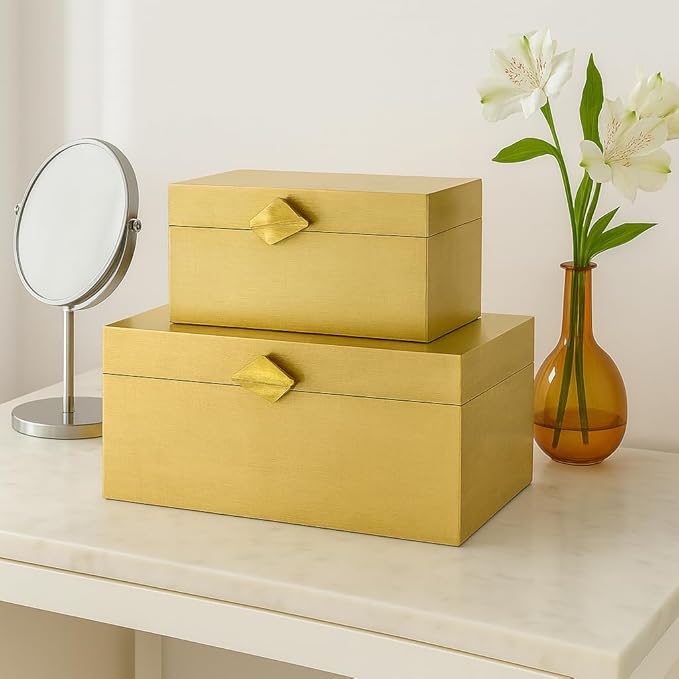 Vintiquewise Set of 2 Decorative Wooden Storage Boxes with Gold Accent – Boxes for Keys, Jewelry, Makeup, Accessories, Crafts, Gadgets, Home Office, Living Room, Bedroom & Entryway Décor, Gold