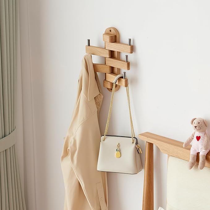 Swivel Coat Rack Oak Coat Hooks, Wood Wall Hooks with 5 Swivel Foldable Arms, 12'' Length Wall Coat Rack Hat Hooks for Bathroom Entryway Bedroom Office Kitchen, Heavy Duty (Natural)
