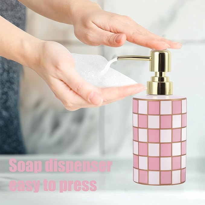 Checkered Bathroom Soap Dispenser,Gold Pump Ceramic Soap Dispenser,Kitchen Checkerboard Empty Pump Bottle,Bath Countertop Storage Organizer,Checkered Bathroom Decor (Pink)