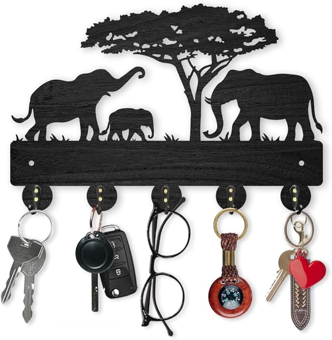 MAYJOYDIY Wooden Key Holder for Wall, Elephant Family Design, 11.8x8 inch, 5 Alloy Hooks, Decorative Wall Mount Organizer