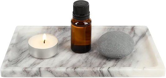 White Marble Vanity Tray – 10.63"x5.91" Rectangular Natural Stone Organizer for Bathroom Perfume Makeup Jewelry Dresser Entryway