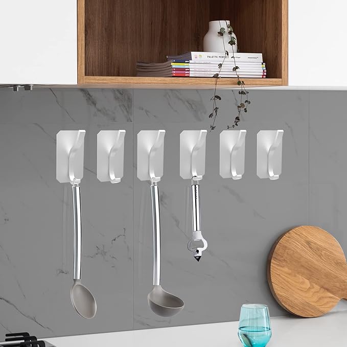 PMMASTO Self-Adhesive Towel Hooks - Sticky Heavy Duty Wall Robe Coat Hook for Hanging- Shower Hooks (Silver, “ K ”Shape 6PC)