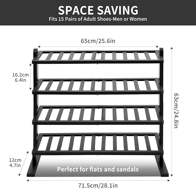 Varhomax Black Shoe Rack, 4-Tier Bamboo Shoe Rack Organizer for Closet and Entryway, Thick Wooden Free Standing Shoe Shelf for Small Spaces, Sturdy & Versatile for Bedroom, Bathroom, Garage