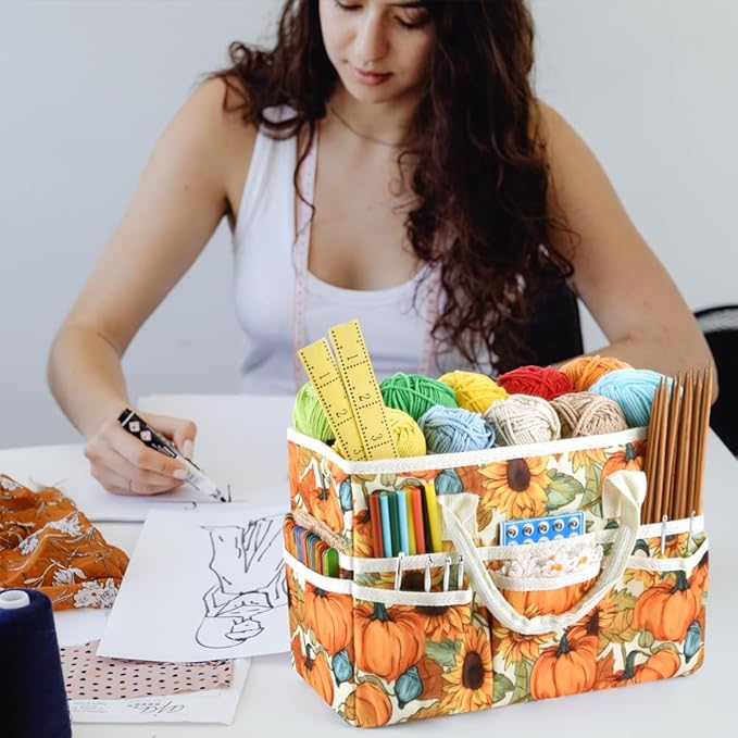 E-WEICHEN Craft Organizer Tote Bag Art Storage Caddy with Multiple Pockets Containers for Art,Craft,and Office Supplies Storage.Pumpkin Flower