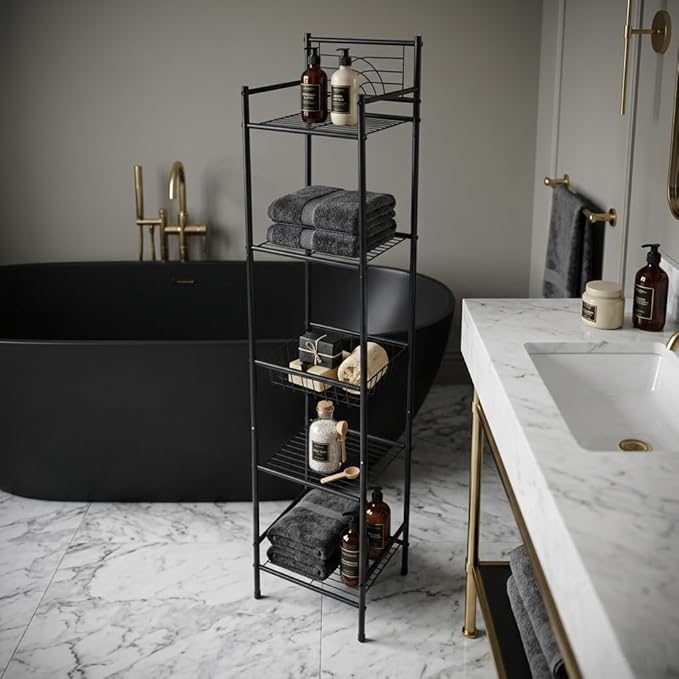 Bath Bliss 5 Tier Freestanding Bathroom Storage Shelf, Black Metal Organizer Rack | Rust Resistant Space Saving Bathroom Stand | Toilet Paper Towel Holder | Bathroom Organizer for Small Spaces