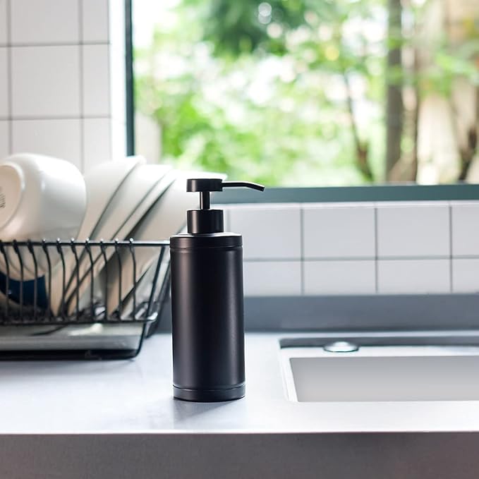 Stainless Steel Soap Dispenser for Bathroom, Matte Black Flat Design, Metal Pump, 10oz Rust-Proof Liquid Hand Soap Dispenser for Kitchen, Refillable Countertop Lotion Bottle