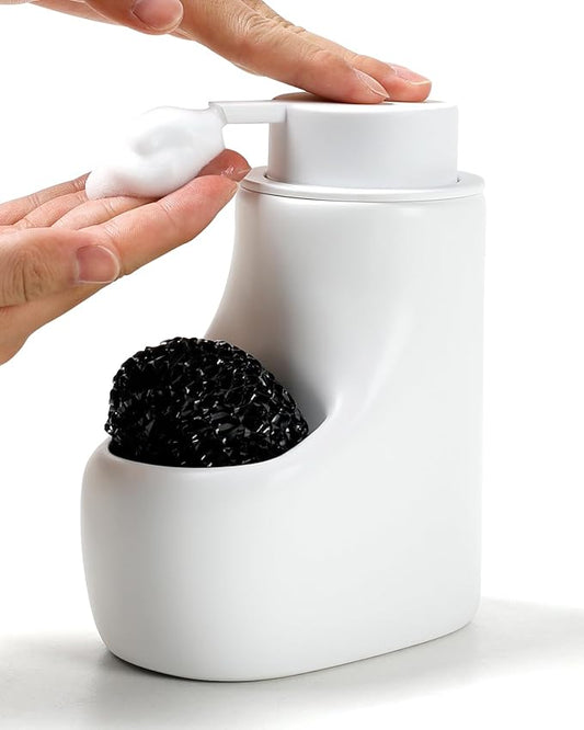 Ceramic Lotion Dispenser - 12 oz Bathroom Hand Pump Dispenser Hand Dish Soap Dispenser Bottles Black Pump Dish Liquid Dispenser for Kitchen… (Ceramic, White Foam Dispenser with Sponge)