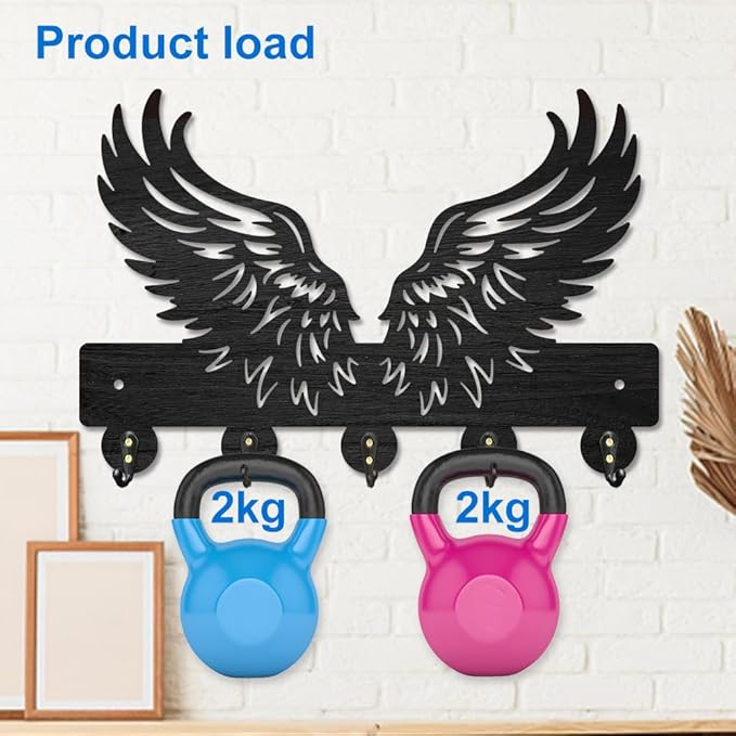 MAYJOYDIY Wing Feathers Wood Key Holder for Wall Angel Wings Wall Mounted Key Hooks 11.8×7.9inch Coat Hanger Rack with 5 Alloy Hooks for Entryway Front Door Kitchen Office Decoration