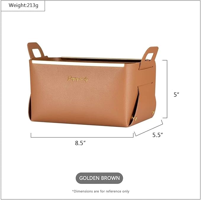 Decorative Faux Leather Basket,Small Catchall Basket for Entryway Bedside Dresser End table,Collapsible Rectangle Tray Organizer Box,Set of 2,Brown