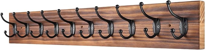 Coat Rack Wall Mounted,Vintage Wooden Coat Hooks for Wall,Heavy Duty 10 Dual Coat Hangers for Hanging Coats, Jacket,Hat,Clothes,Brown