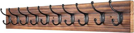 Coat Rack Wall Mounted,Vintage Wooden Coat Hooks for Wall,Heavy Duty 10 Dual Coat Hangers for Hanging Coats, Jacket,Hat,Clothes,Brown