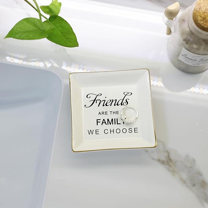 HOME SMILE Birthday Christmas Funny Gifts for Best Friend-Ceramic Ring Dish Jewelry Trayï¼Friends are Family We Choose
