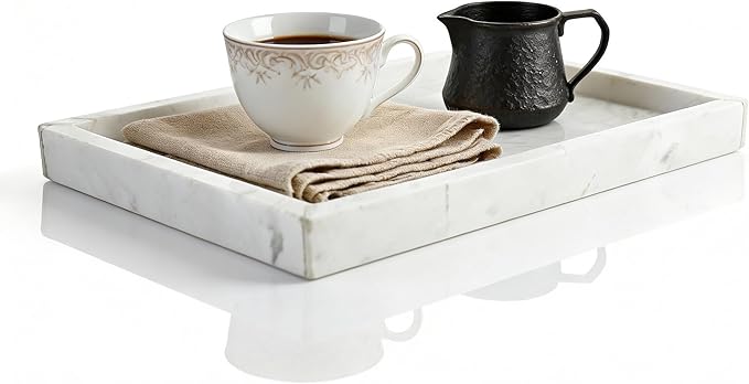 Natural Marble Vanity Bathroom Tray, 10" x 6.1" x 0.9" Not Plastic, Real Stone Home Decor Tray for Bathroom,Countertop,Kitchen, Sink Storage Holder Organizer for Soap Candles Perfume