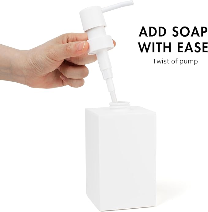 Matte White Square Soap Dispenser for Kitchen & Bathroom – 15 oz Refillable Resin Pump Bottle for Dish Soap, Hand Soap, Shampoo, Conditioner – Modern Countertop Dispenser with Non-Slip Protective Pads