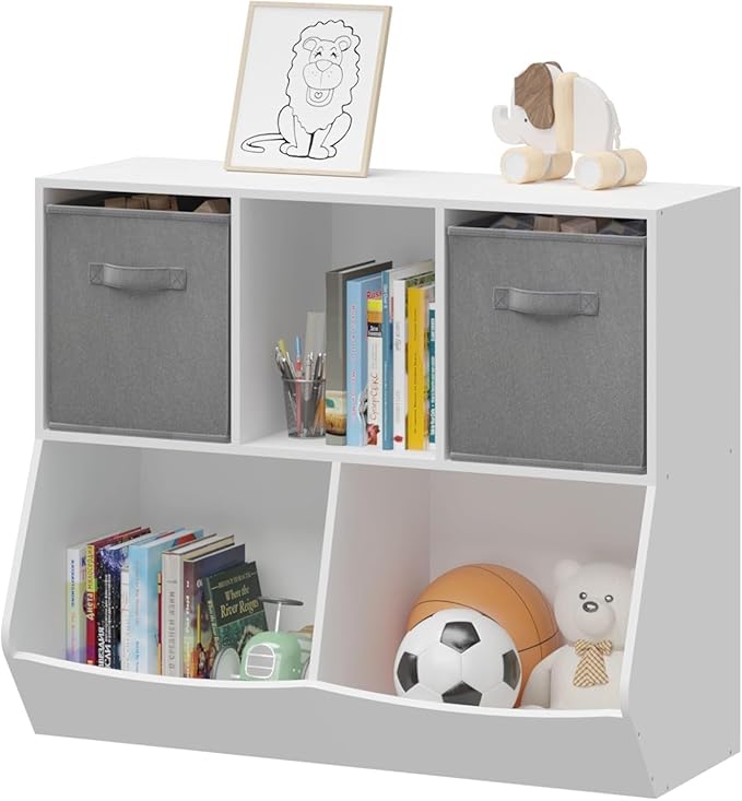 Kids Bookshelf, 5-Cubby Wood Toy Storage Cabinet with Two Drawers, Toy Storage Cubby, Toy Storage Organizer for Children's Room, Playroom, Hallway, Kindergarten, School, Grey