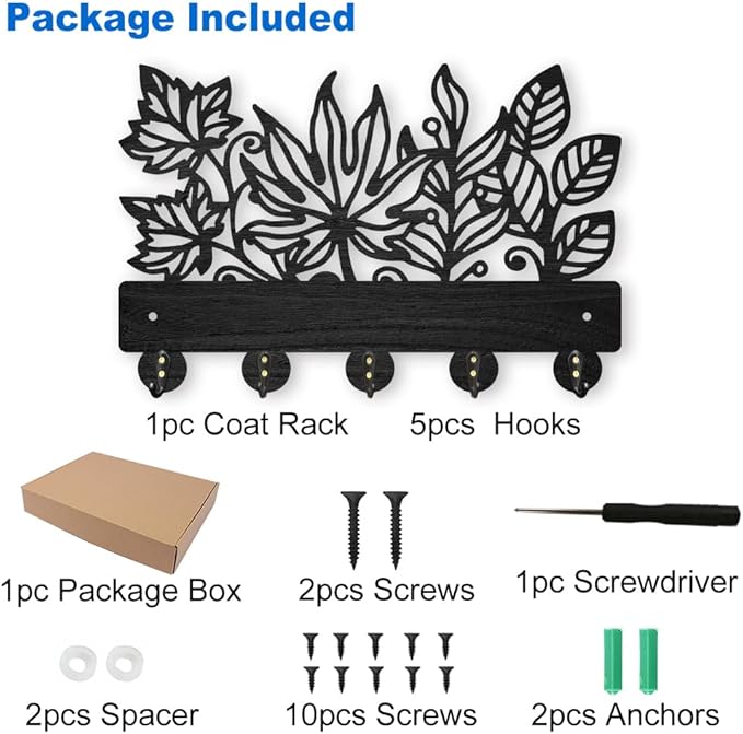 MAYJOYDIY Leaves Coat Rack Wall Mount 11.8×7.9inch Wood Leaves Plants Wall Art Decor Nature Tree Key Holder for Wall 5 Alloy Hooks Black Hook Rack Hat All Hook for Entryway Living Room Bedroom Gift