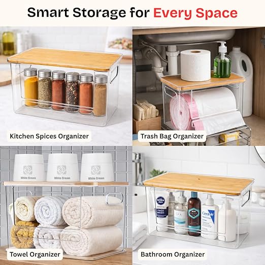 Trash Bag Dispenser with Front Opening, Stackable Garbage Bag Holder for Kitchen & Home, Fits 1 Gallon Bags, Includes Reusable Gloves, Adhesive Anti-Slip Pads & 15 Trash Bags–Large Organizer