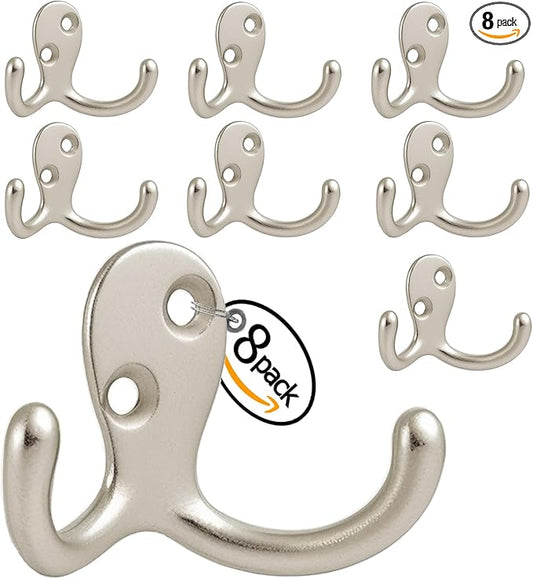 Coat Hooks Wall Hooks for hanging - 8 pack Silver Double Prong Hook Wall Mounted - Great for Living Room, Kitchen, Bedroom for Coat, Bag, Scarf, Towel, Hat, Key, Cup,Sturdy, Durable, Rust-Resistant