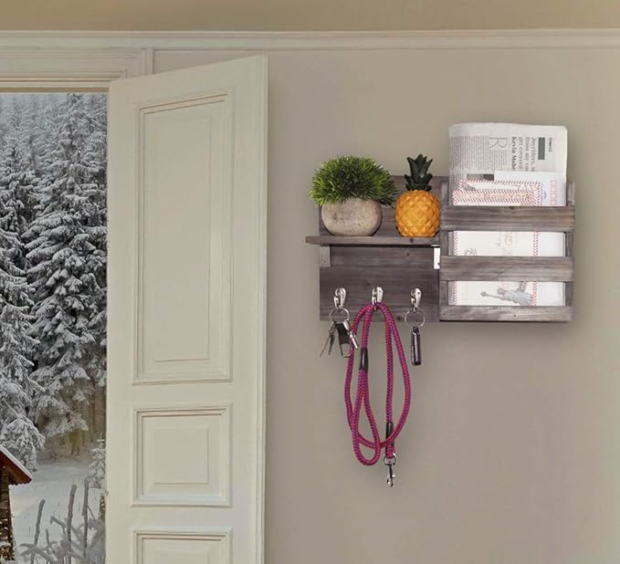 Spiretro Wall-Mounted Key Holder Hooks - Rustic Wood Weathered Grey & Black - Entryway Organizer for Mail, Leashes, and Purses - Floating Shelf, 16.5” W x 9.75" H x 4.5” D