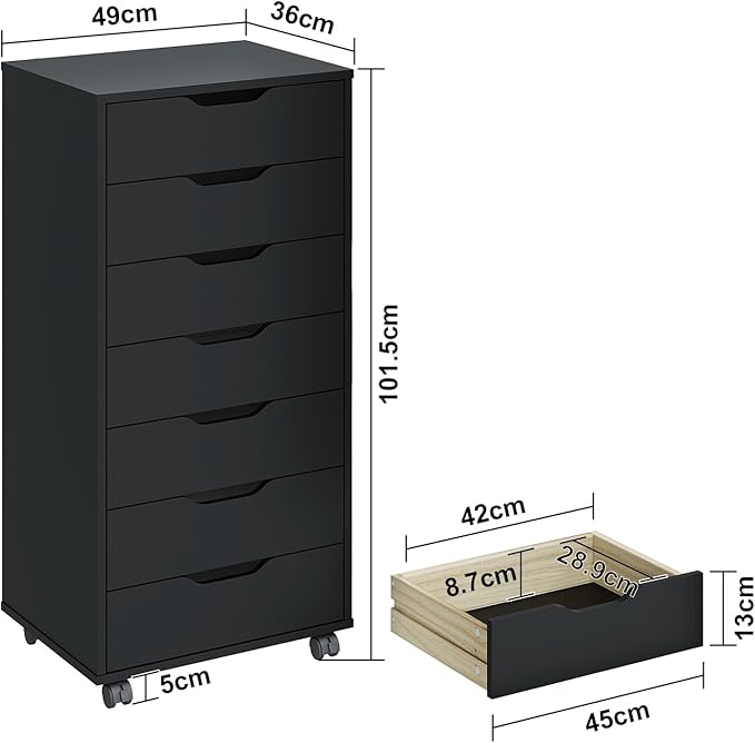 Panana 5/7 Drawer Chest, Wooden Tall Dresser Storage Dresser Cabinet with Wheels, Office Organization and Storage, Bedroom Furniture (Black, 7 Drawer)