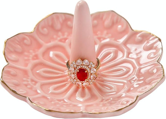 HOMEGOAL Ceramic Ring Holder Dish for Jewelry, Decorative Mandala Jewelry Tray for Rings Earrings Necklaces Watch Keys, Aesthetic Room Decor, Birthday Engagement Wedding Gifts for Women (Pink)