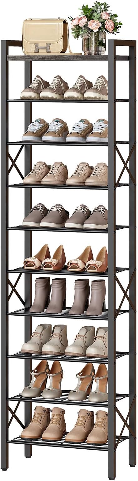 10-Tier Narrow Shoe Rack, Tall Shoe Rack for 10-20 Pairs, Slim Shoe Storage Organizer with Wooden Top, Space Saving, Metal Frame, for Entryway, Charcoal and Black SS68BC