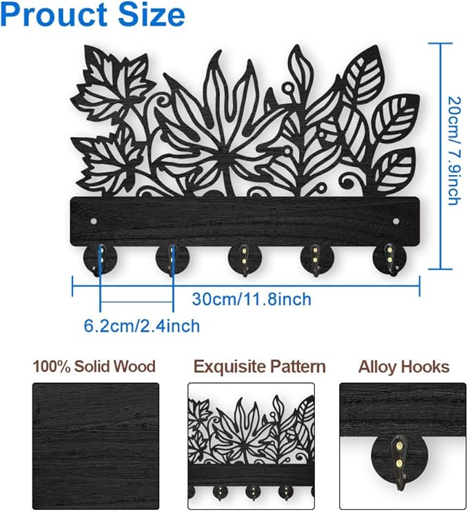 MAYJOYDIY Leaves Coat Rack Wall Mount 11.8×7.9inch Wood Leaves Plants Wall Art Decor Nature Tree Key Holder for Wall 5 Alloy Hooks Black Hook Rack Hat All Hook for Entryway Living Room Bedroom Gift