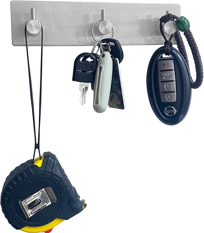 Key Holder (3 Hooks), 304 Stainless Steel, Wall Mounted, Decorative, Adhesive, for Entryway, Kitchen, Bedroom, Bathroom - Silver