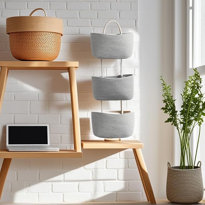 Hanging Baskets for Organizing,3-Tier Woven Cotton Over the Door/Wall-Mounted Storage Organizer Bag Decorative,Kitchen,Living Room,Bedroom,Nursery,Grey