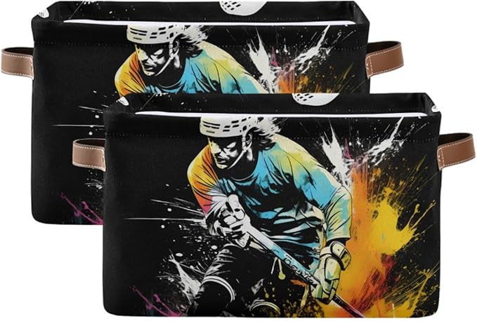 Storage Basket Abstract Running Ice Hockey Player Durable Canvas Collapsible Toy Box Organizer Bin with Handles for Shelf Closet Bedroom Home Office