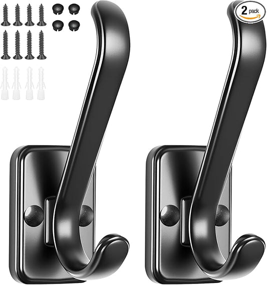 Coat Hooks Heavy Duty - Metal Wall Hooks Wall Mount with Concealed Screw Design Matte Black Hooks for Hanging Towel, Key, Robe, Scarf, Entryway Closet Mudroom Bathroom (2, Black)