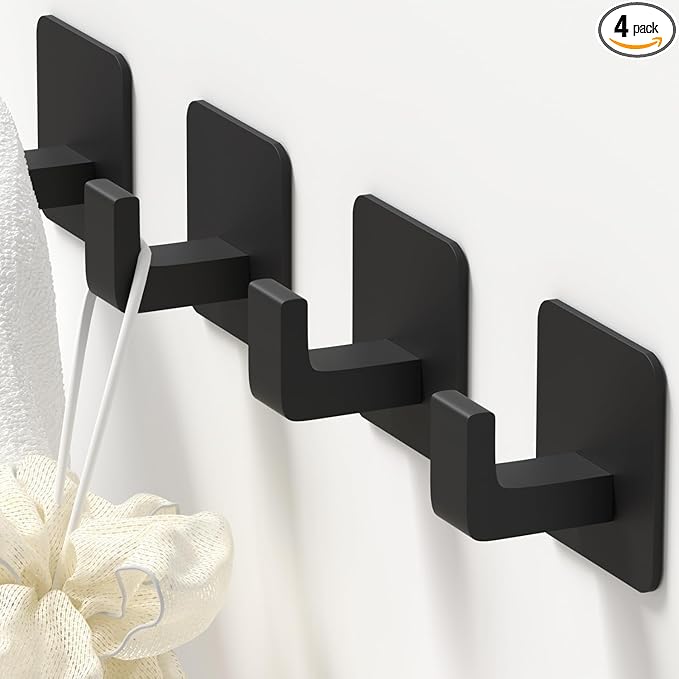 Square Self Adhesive Towel Hooks - 4 Pack Matte Black Metal Hooks, Right-Angle Design for Towels, Robes & Hats, Organize Bathroom, Kitchen, Entryway, Doors, Cabinets on Smooth Surfaces | Square, Right-Angle Design, for Towels, Robes & Hats, Organize Ba...