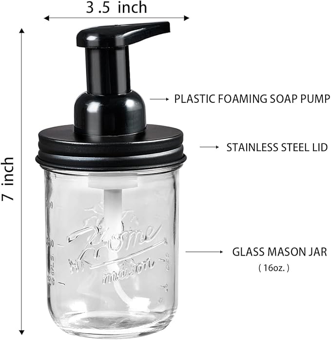 SheeChung Mason Jar Foaming Soap Dispenser, Glass Foaming Hand Soap Dispensers, Stainless Steel Lid, Refillable Foam Soap Dispenser for Bathroom Kitchen, Farmhouse Bathroom Decor (1 Pack, Black)