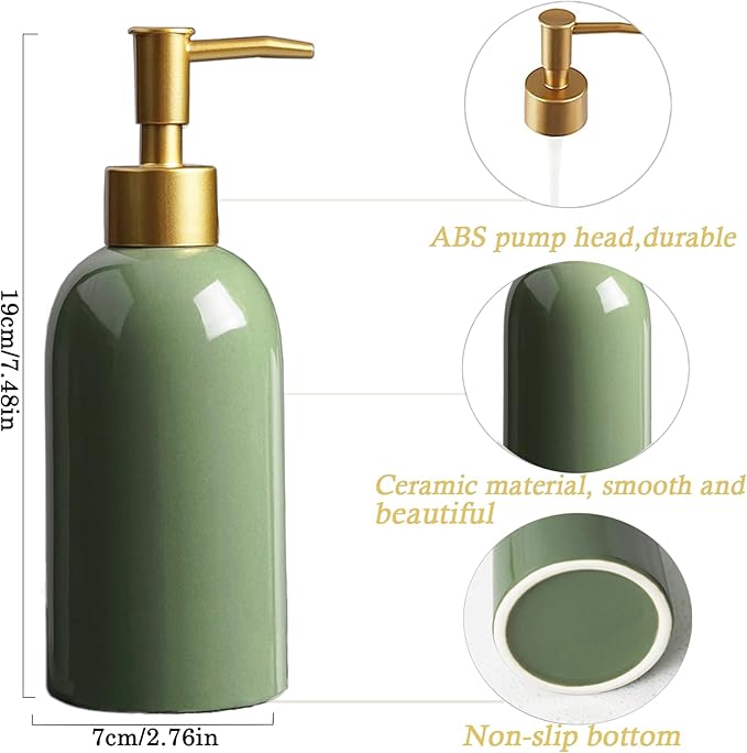 Ceramic Soap Dispenser Green with Gold Pump,Simple Design Cylindrical Lotion Dispenser Bottle,Refillable Liquid Hand Soap Dispenser for Kitchen,Bathroom,Washroom