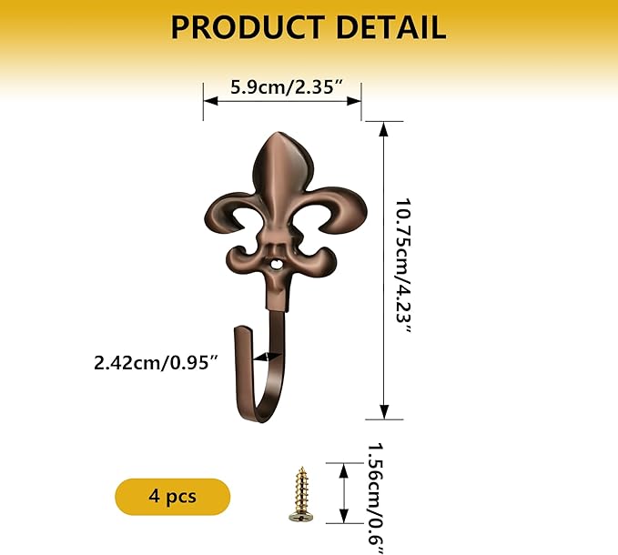 Decorative Wall Hooks for Hanging Things, Vintage Fleur De Lis Metal Coat Hooks, Heavy Duty Bronze Rustic Hooks for Key, Jewelry, Curtain Tie Backs, Towel, Hat, Small Decorative Hardware 4 Pack