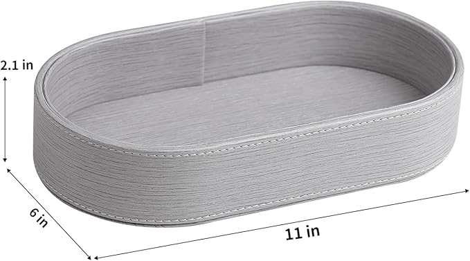 Oval Desk Valet Tray, PU Leather Perfume Dish Bowl for Keys Wallet Watch, Decorative Trinket Vanity Jewelry Tray, Entryway Nightstand Organizer Women Men (Grey)
