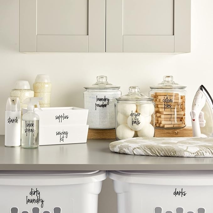 Talented Kitchen Laundry Labels for Jars & Containers - 141 Count, White Vinyl, Modern Script - Laundry Room Organization & Kitchen Organization with Food Container Labels and Water-Resistant Adhesive