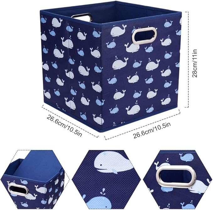 Fabric Cube Storage Bins Whale10.5x 10.5 x 11 in Foldabe Navy Blue Storage Cubes Folding Cloth Storage Cubes Boxes Collapsible Cube Inserts Storage Baskets Drawer for Cube Organizer Closet QY-SC11-6