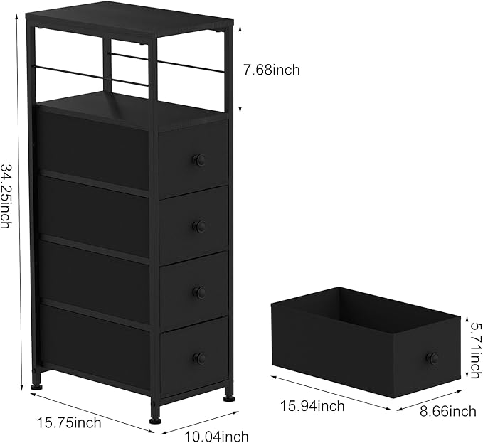 YBING Narrow Dresser for Bedroom, Slim Chest Organizer Nightstand, 4 Fabric Drawers with Wood Shelf, Side Tables for Small Spaces, Black