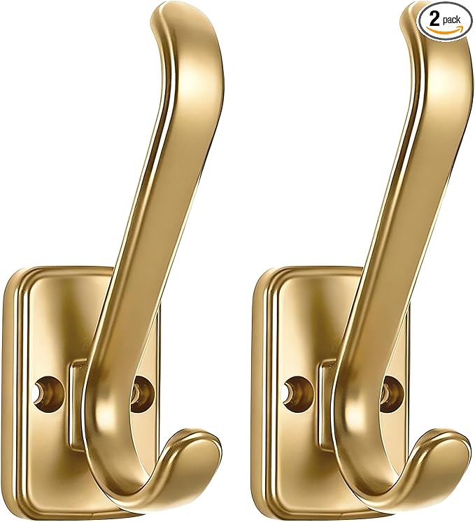 Coat Hooks Heavy Duty - Metal Wall Hooks Wall Mount with Concealed Screw Design Matte Black Hooks for Hanging Towel, Key, Robe, Scarf, Entryway Closet Mudroom Bathroom (2, Gold)