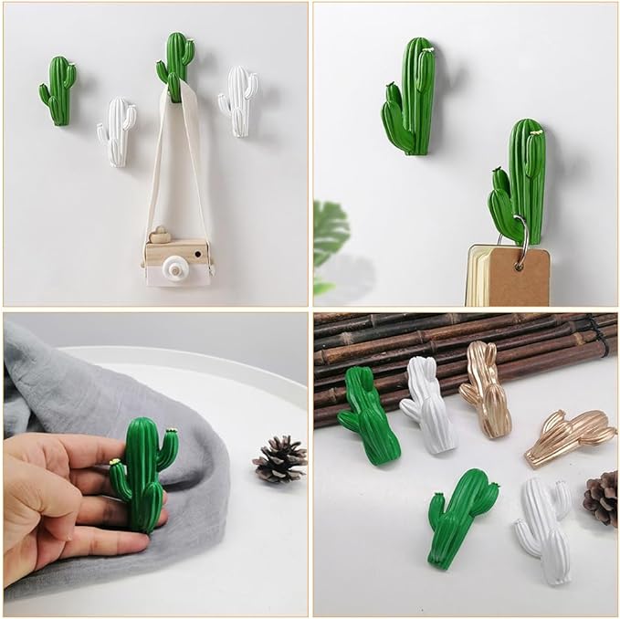 Amosfun 2-Pack Self-Adhesive Cactus Wall Hooks 3.15 X 1.77 X 1.38 Inches Creative Green Plastic Wall-Mounted Storage Hooks for Home Entryway Bathroom Decoration