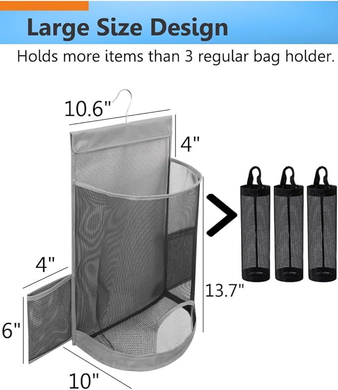 ALYER Hanging Mesh Grocery Bag Holder,Plastic Garbage Bag Dispenser Organizer with Hanger for Kitchen Cabinet Bathroom Laundry,Installation Free (Gray, 17.7" H * 10.6" W * 10" D)