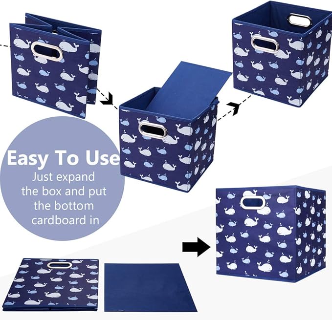 13 inch Collapsible Storage Cubes Bins Fabric Storage Boxes Blue Foldable Cube Inserts Storage White Whale Folding Cloth Storage Baskets Drawer Organizer ,QY-SC04-6